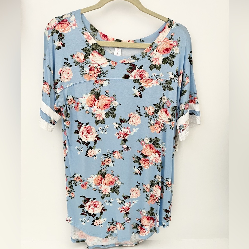 No Bo Boundaries Blue Floral Flowers Stripe Sleeve Top Shirt XL 15 17 NEW!